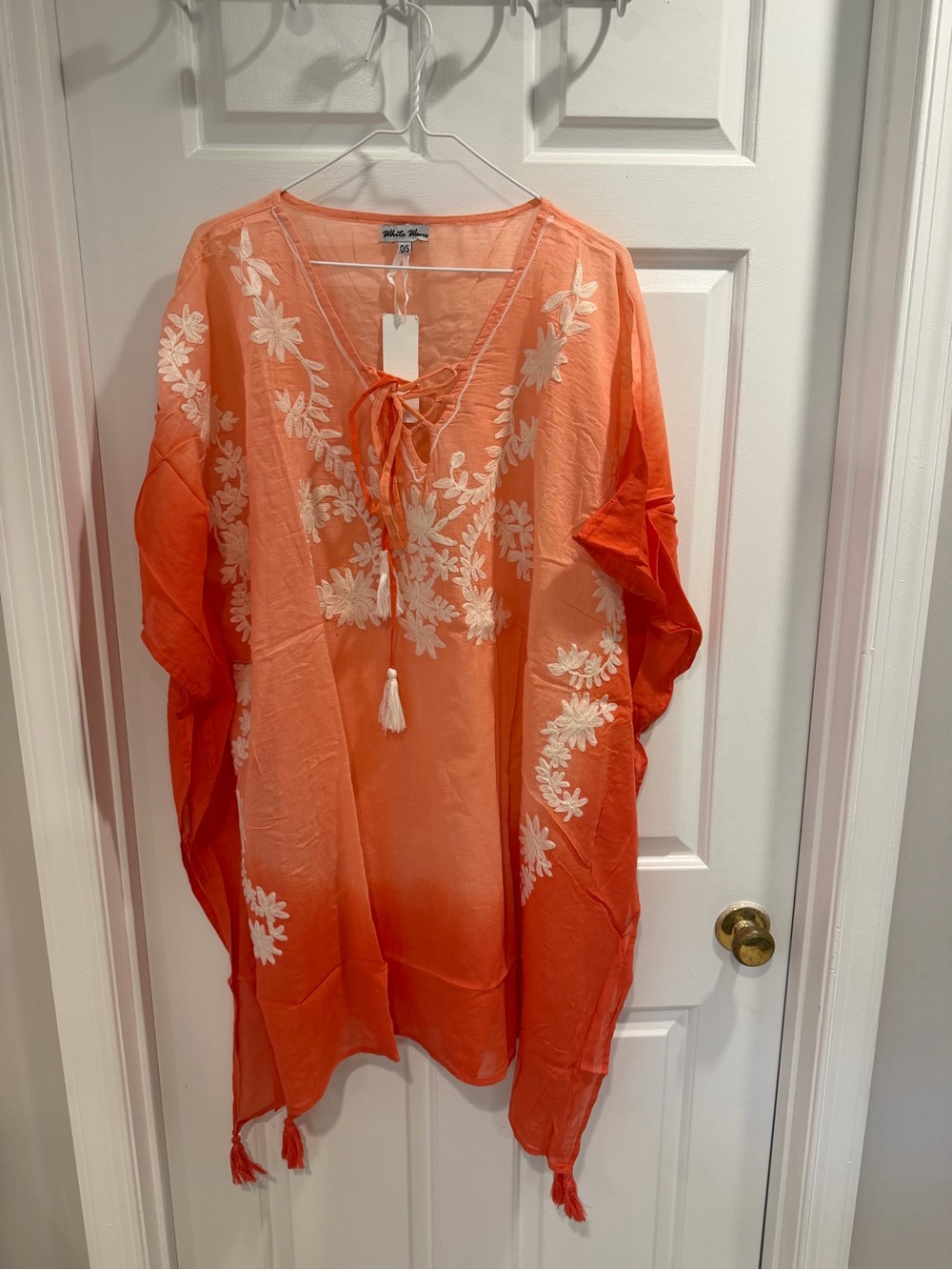 NWT White Waves Orange Embroidered Tassel Kaftan Swim Resort Cover-Up OSFM